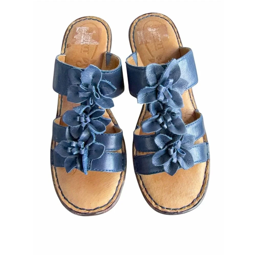 Born Zenia Leather Slip-On Heel Sandals Shoes size 7/38 Blue Floral Flower